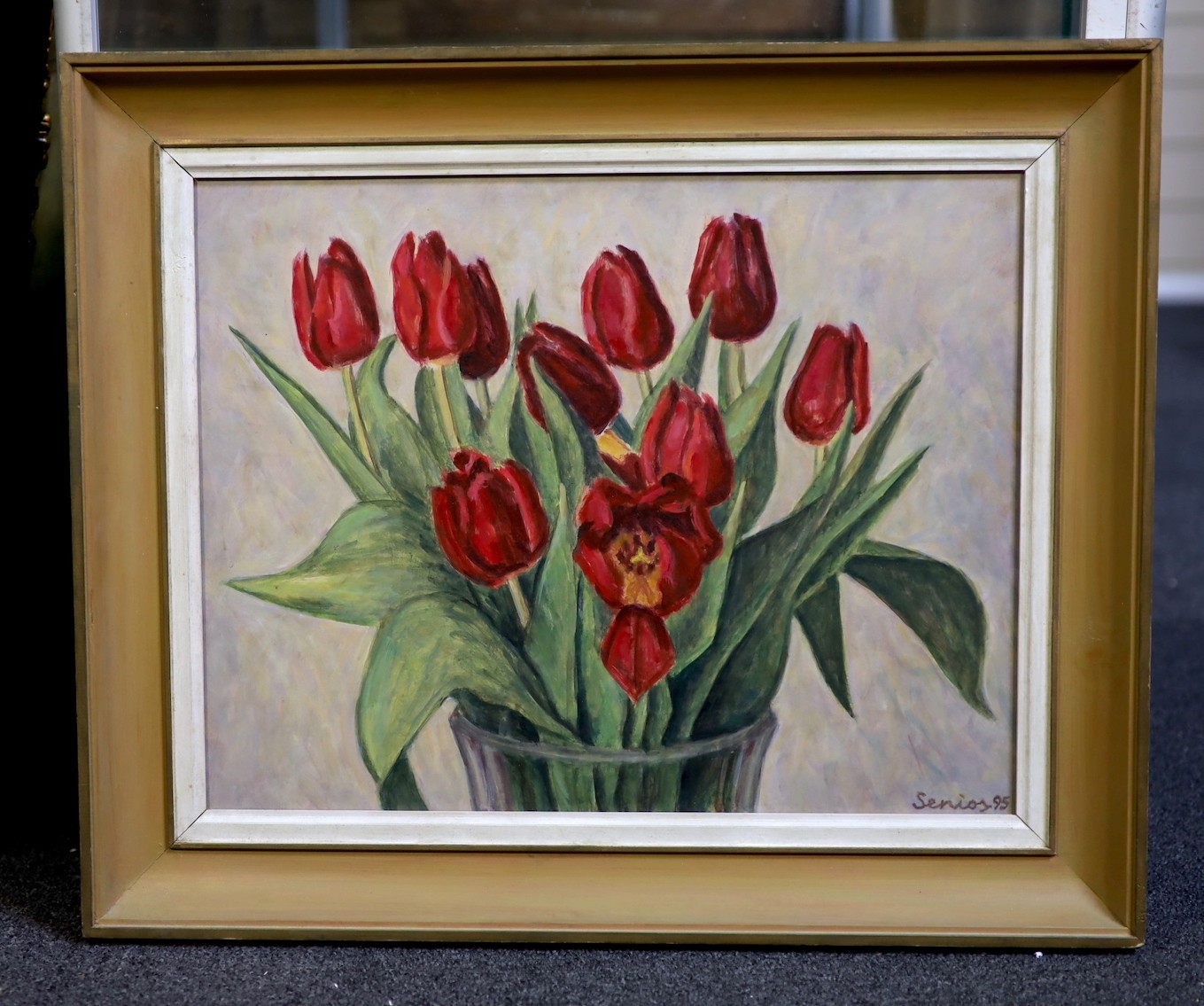 Bryan Senior (British b.1935), acrylic on board, 'Vase of Tulips', signed and dated '95, 35 x 44cm